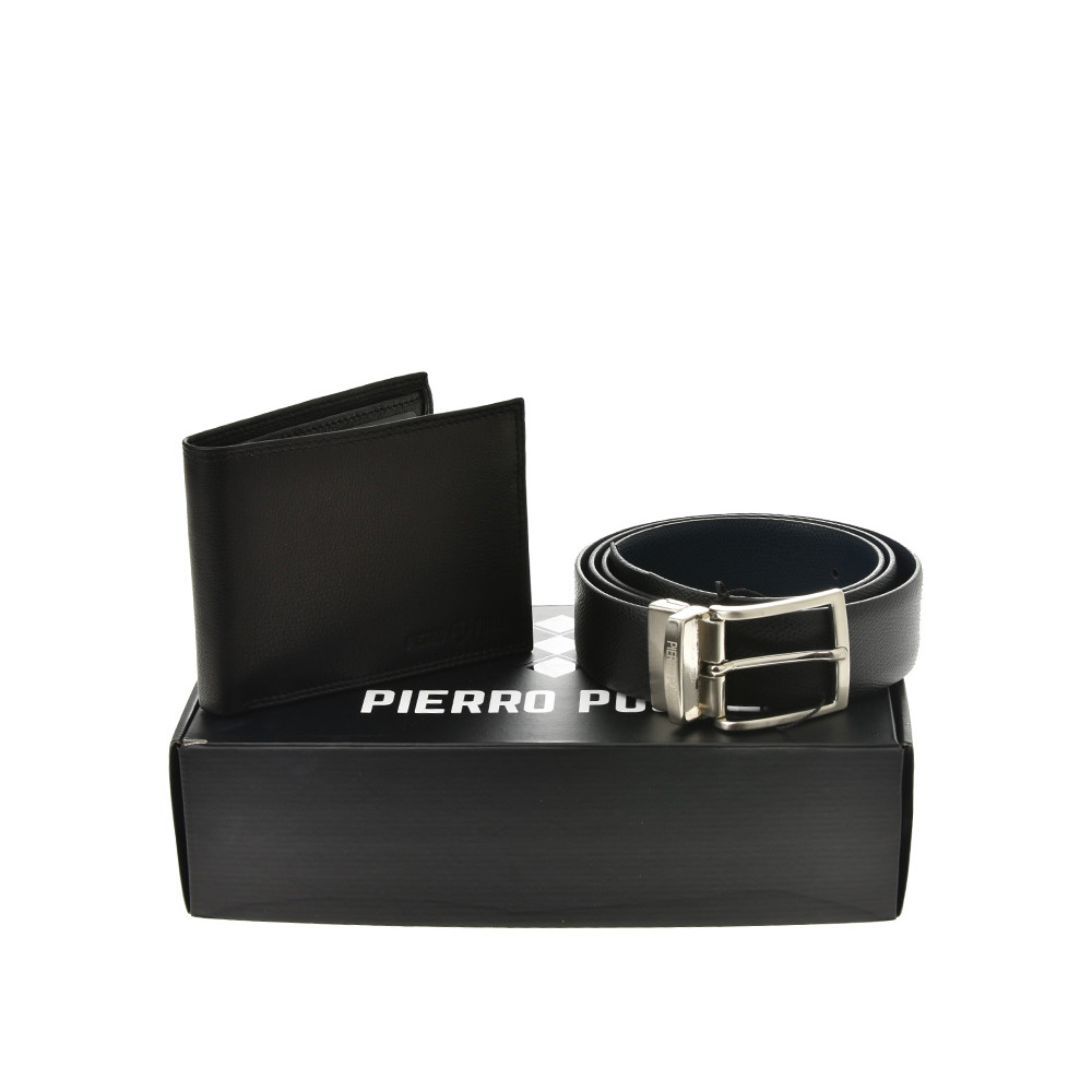 Set cadou barbati portofel si curea reversibila din piele naturala Pierro Poggi PP3002-125, Negru/Albastru, #1, Bagsy