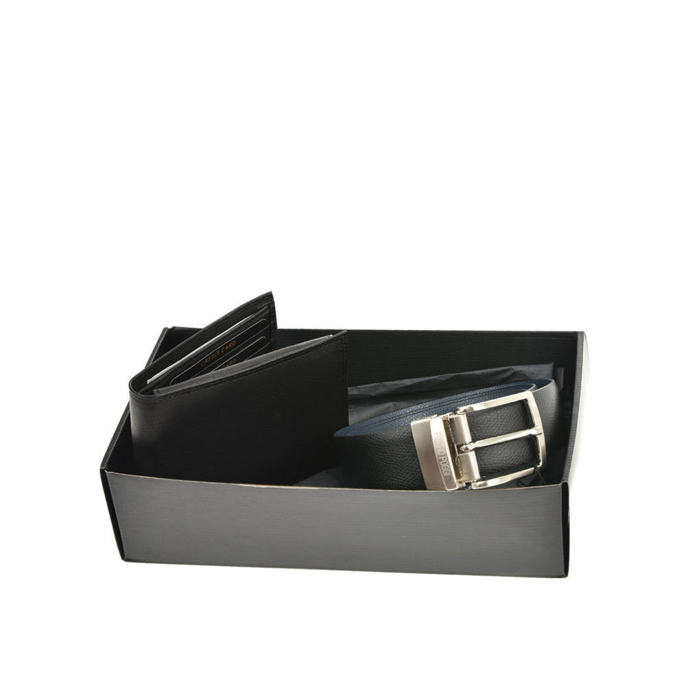 Set cadou barbati portofel si curea reversibila din piele naturala Pierro Poggi PP3002-120, Negru/Albastru, #2, Bagsy