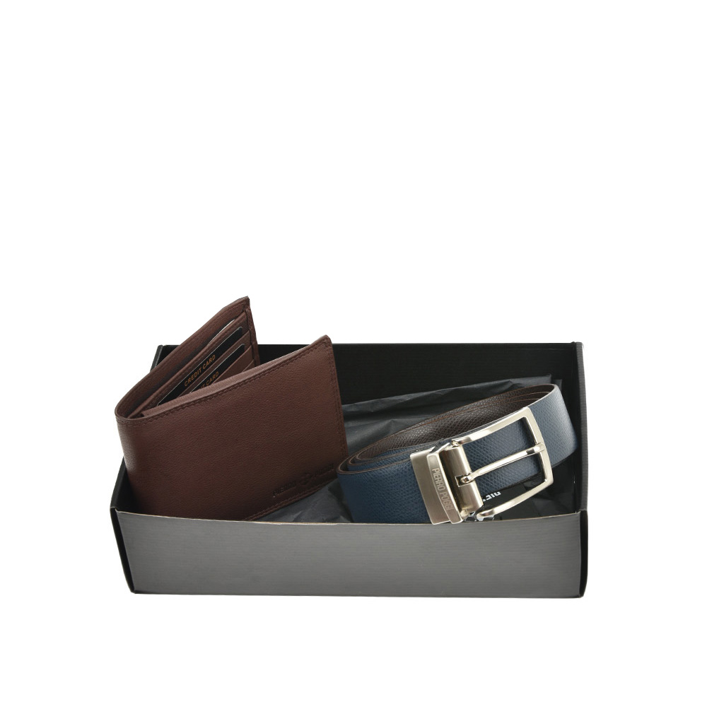 Set cadou barbati portofel si curea reversibila din piele naturala Pierro Poggi PP3003-120, Maro/Albastru, #2, Bagsy
