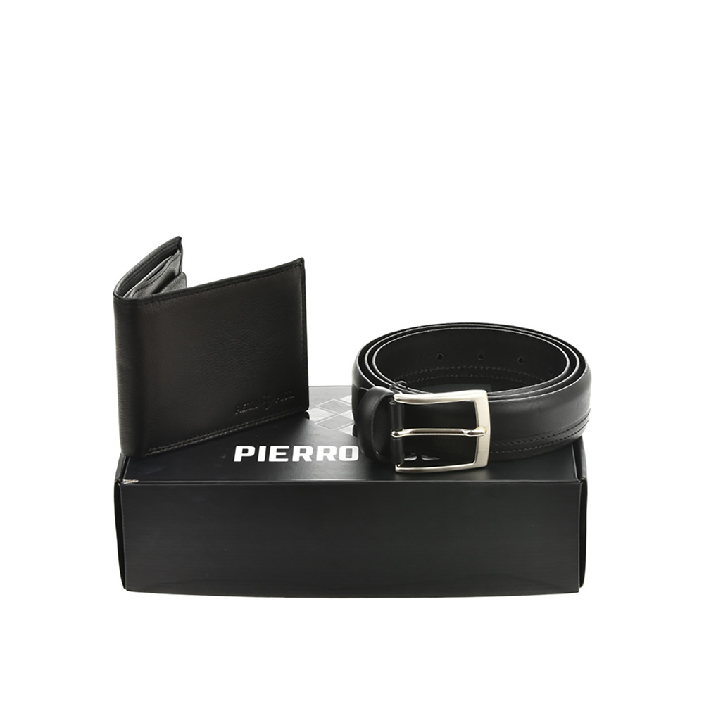 Set cadou barbati portofel si curea din piele naturala Pierro Poggi PP3010-125, Negru/Negru, #1, Bagsy