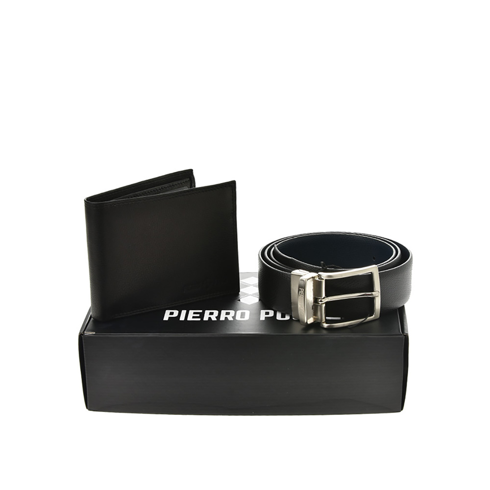 Set cadou barbati portofel si curea din piele naturala Pierro Poggi PP3027-120, Negru/Albastru, #1, Bagsy